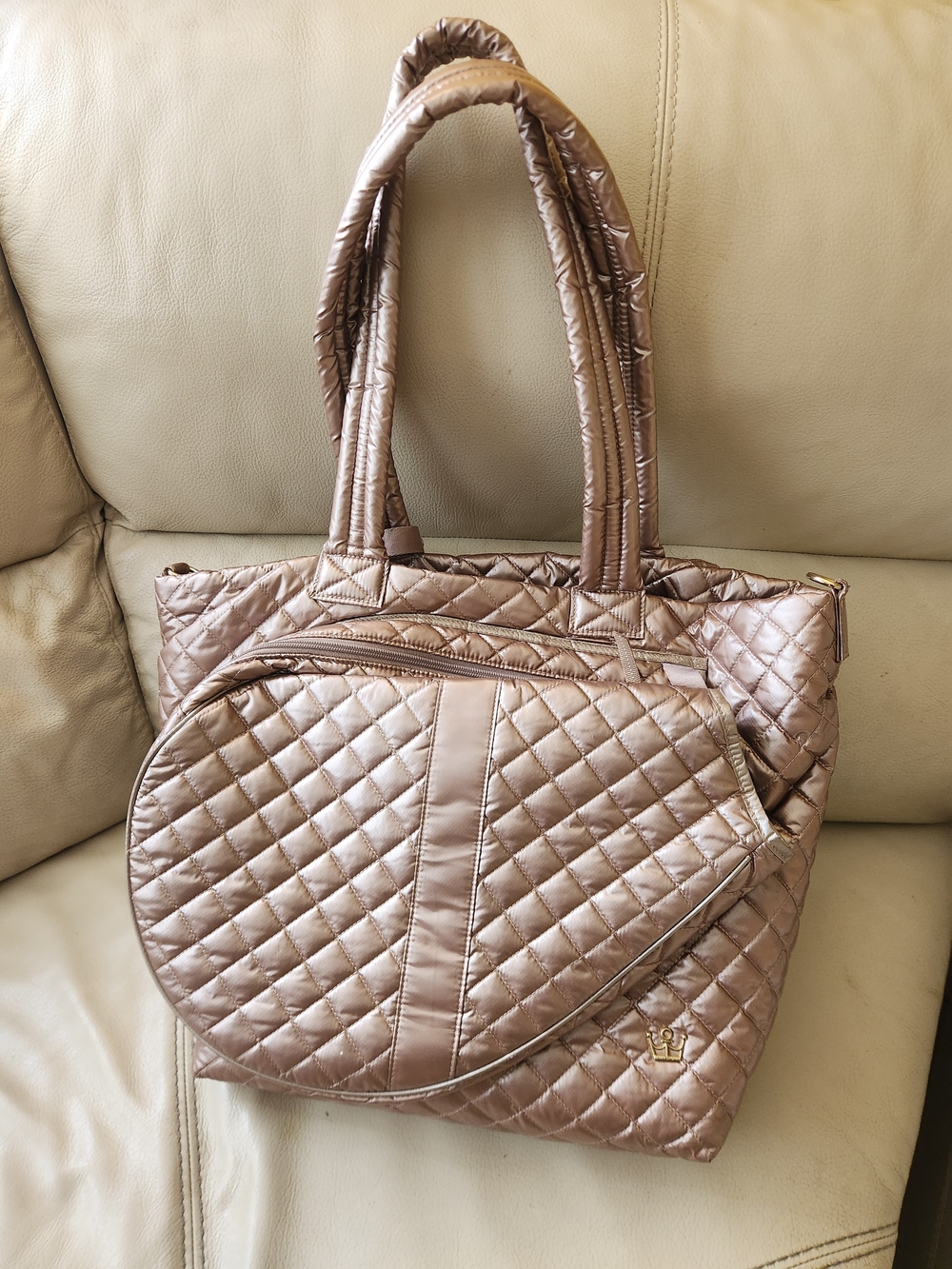 Oliver Thomas Quilted Metallic Rose Gold Tote with Round Front Pouch